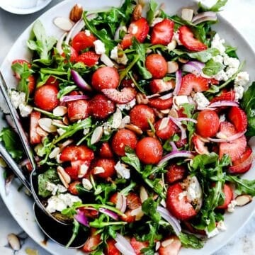 Strawberry and Watermelon Arugula Salad with Balsamic Dressing #foodiecrush.com #salad #strawberry #arugula #spring #feta