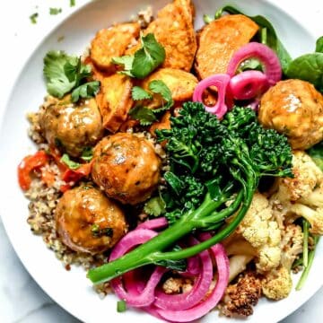 Buddha Bowls with Roasted Vegetables and Turkey Meatballs foodiecrush.com