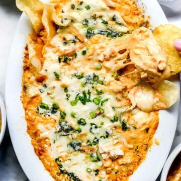 Easy Buffalo Chicken Dip | foodiecrush.com #easy #oven #chicken #buffalo #dip #recipe #cheese