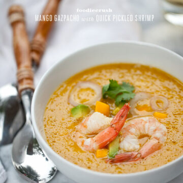 Mango Gazpacho with Pickled Shrimp from FoodieCrush