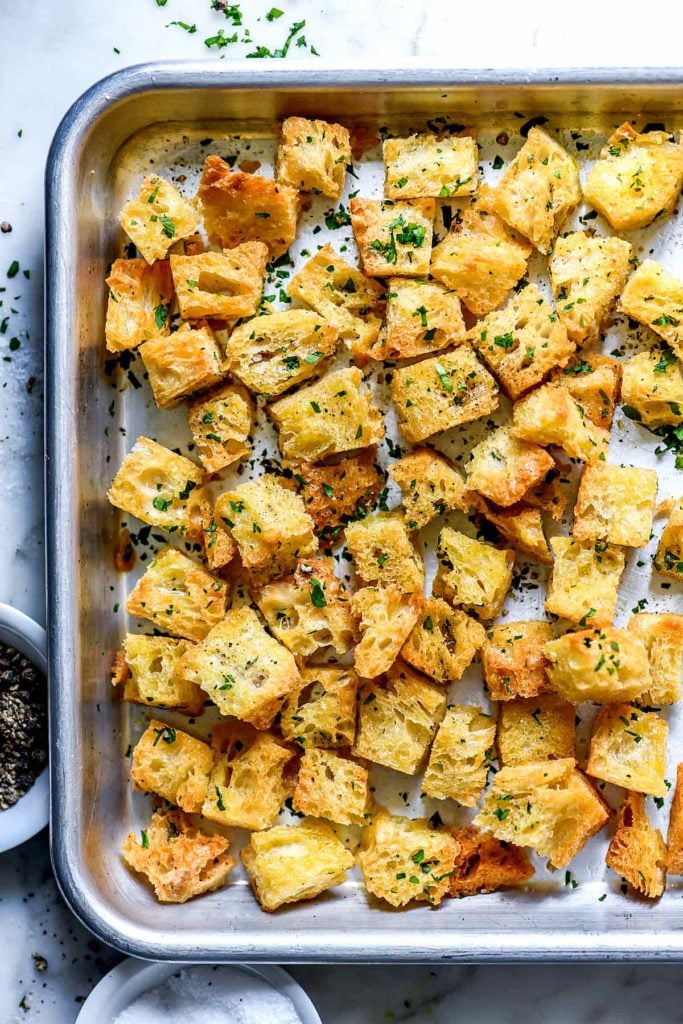 How to Make Homemade Croutons | foodiecrush.com #garlic #homemade #croutons #easy #recipe #frombread