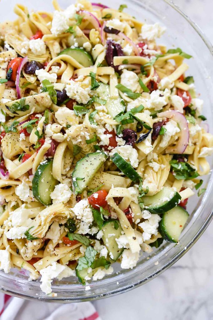 Greek Pasta Salad with Artichoke Hearts | foodiecrush.com 