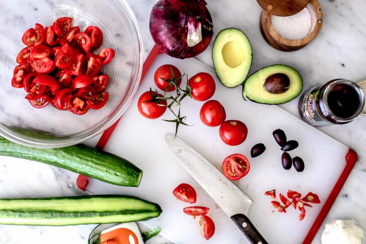 Greek Salad with Avocado ingredients | foodiecrush.com #greek #salad #avocado #healthy #recipe #dinner #authentic 