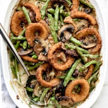 Green Bean Casserole with Onion Rings | foodiecrush.com #recipes #sidedish #beans #casserole