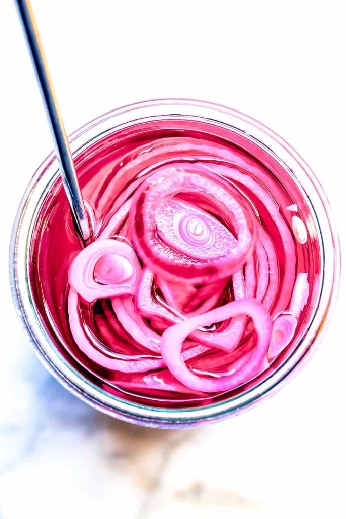 How to Make Quick Pickled Onions | foodiecrush.com #pickled #onions #quick #vinegar #recipe #Mexican