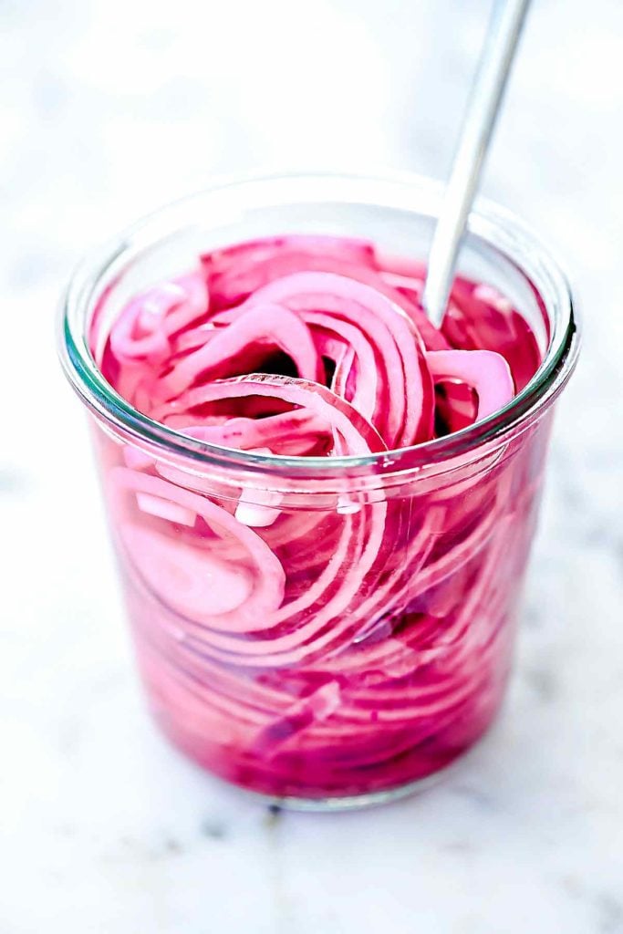 How to Make Quick Pickled Onions | foodiecrush.com #pickled #onions #quick #vinegar #recipe #Mexican