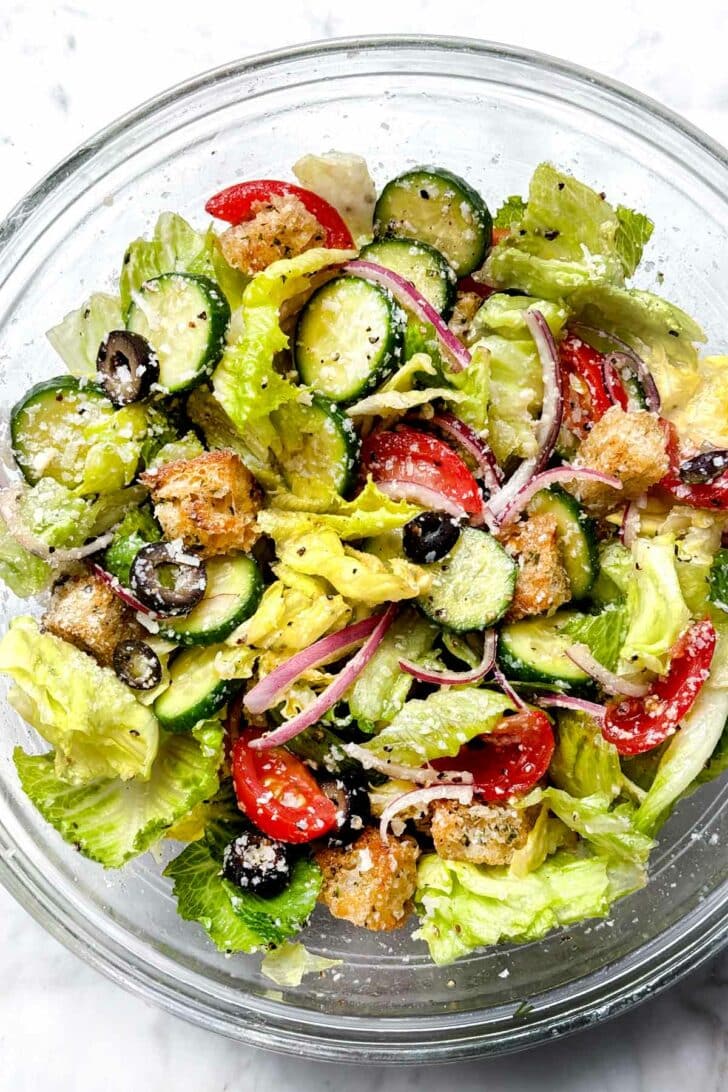 Italian Salad with Italian dressing and iceberg lettuce foodiecrush.com