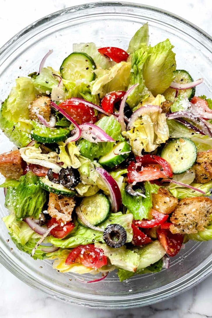 Italian Salad with Italian dressing and iceberg lettuce foodiecrush.com