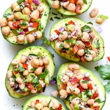 Mediterranean Chickpea Salad Stuffed Avocados | foodiecrush.com #avocados #mediterranean #salad #chickpeas