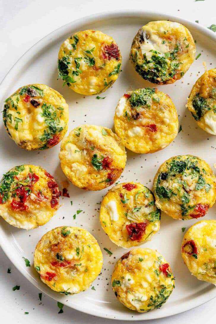 Mediterranean Egg Bites on a plate foodiecrush.com