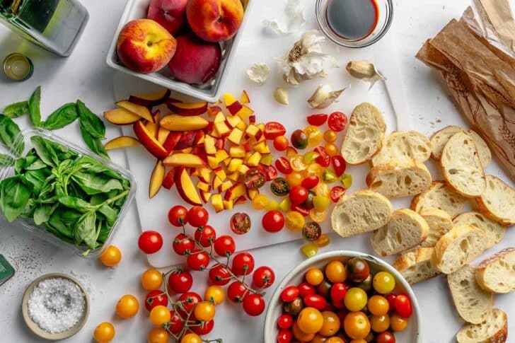 What's in Tomato and Peach Bruschetta in bowl foodiecrush.com