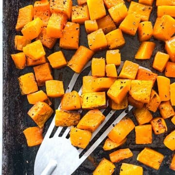 Roasted Butternut Squash on baking sheet foodiecrush.com