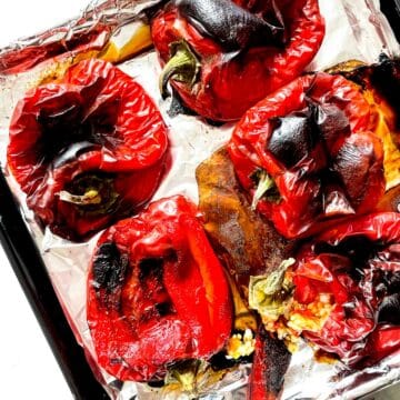 Roasted Red Peppers on baking sheet foodiecrush.com