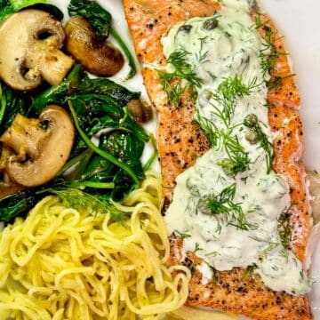 Salmon dinner with spinach and noodles foodiecrush.com