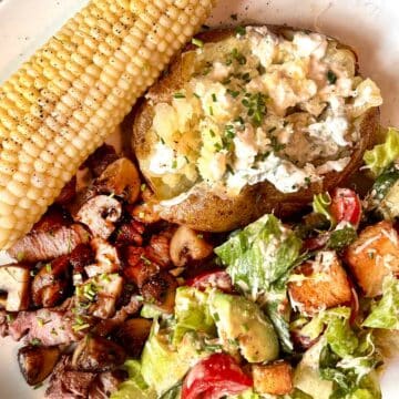 Steak and Potatoes Corn and Caesar Salad foodiecrush.com