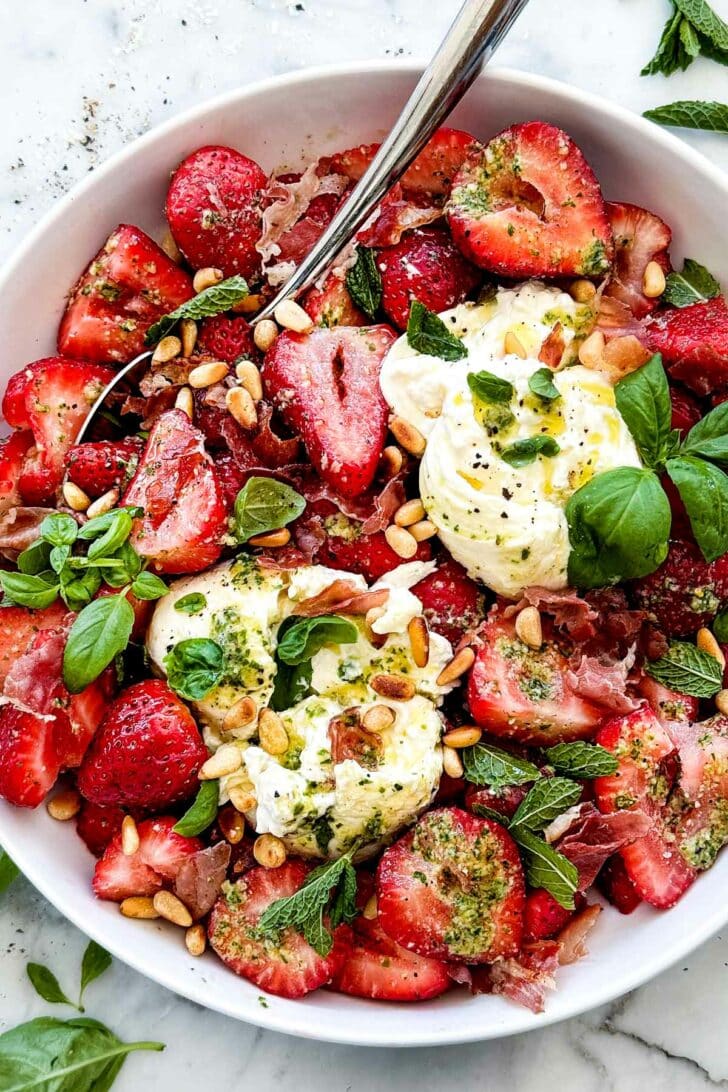 Strawberry Burrata Salad with Pesto Dressing foodiecrush.com 