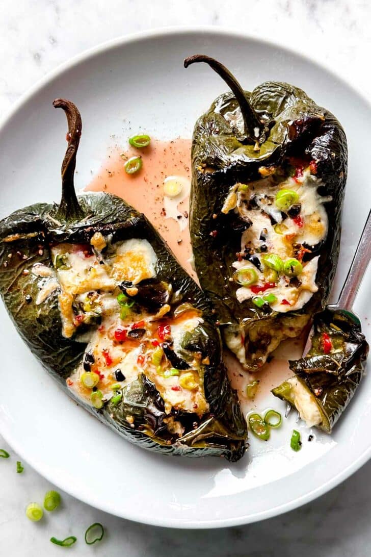 Stuffed Pasilla Peppers on plate foodiecrush.com