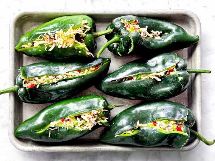 Stuffed Pasilla Peppers on baking sheet foodiecrush.com