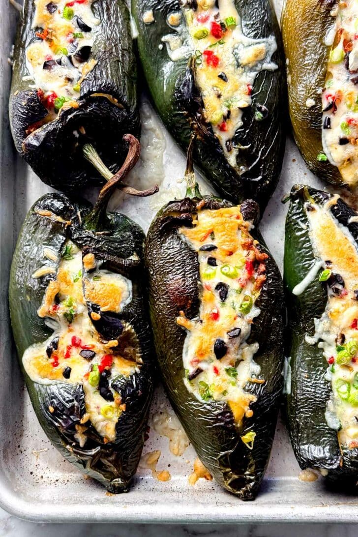 Stuffed Pasilla Peppers on baking sheet foodiecrush.com