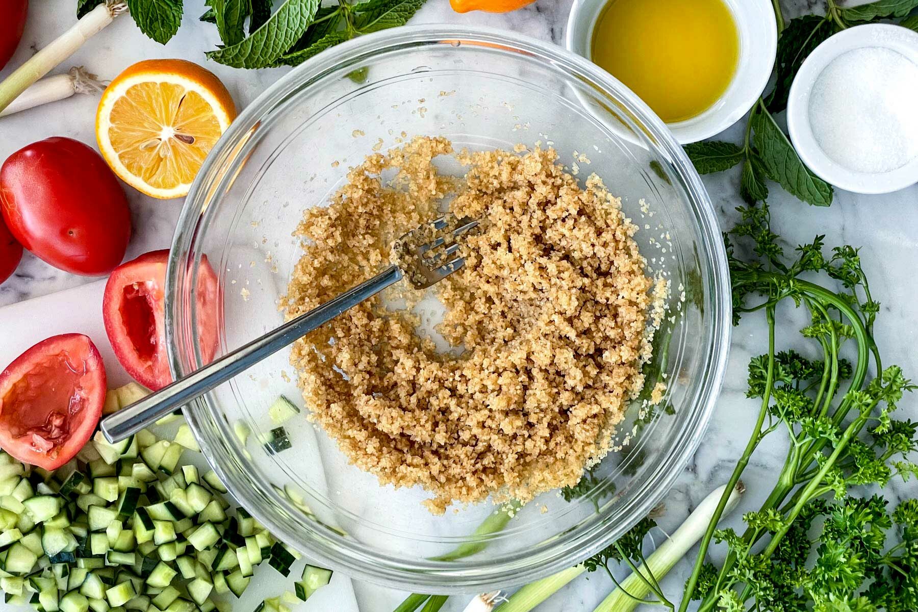 Bulgur in bowl with water foodiecrush.com